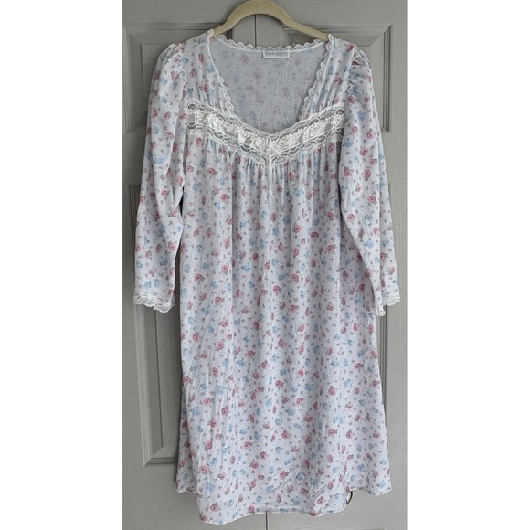 Miss Elaine Other - Vintage Miss Elaine Nightgown Floral Lace Cotton Balloon‎ Sleeve Large Flawed